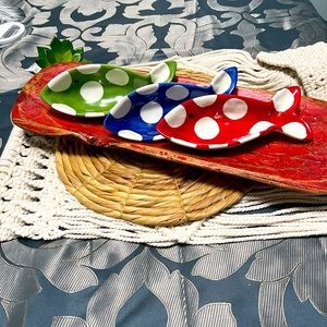 Three 3 Mud Pie polka dot fish dipping dishes.